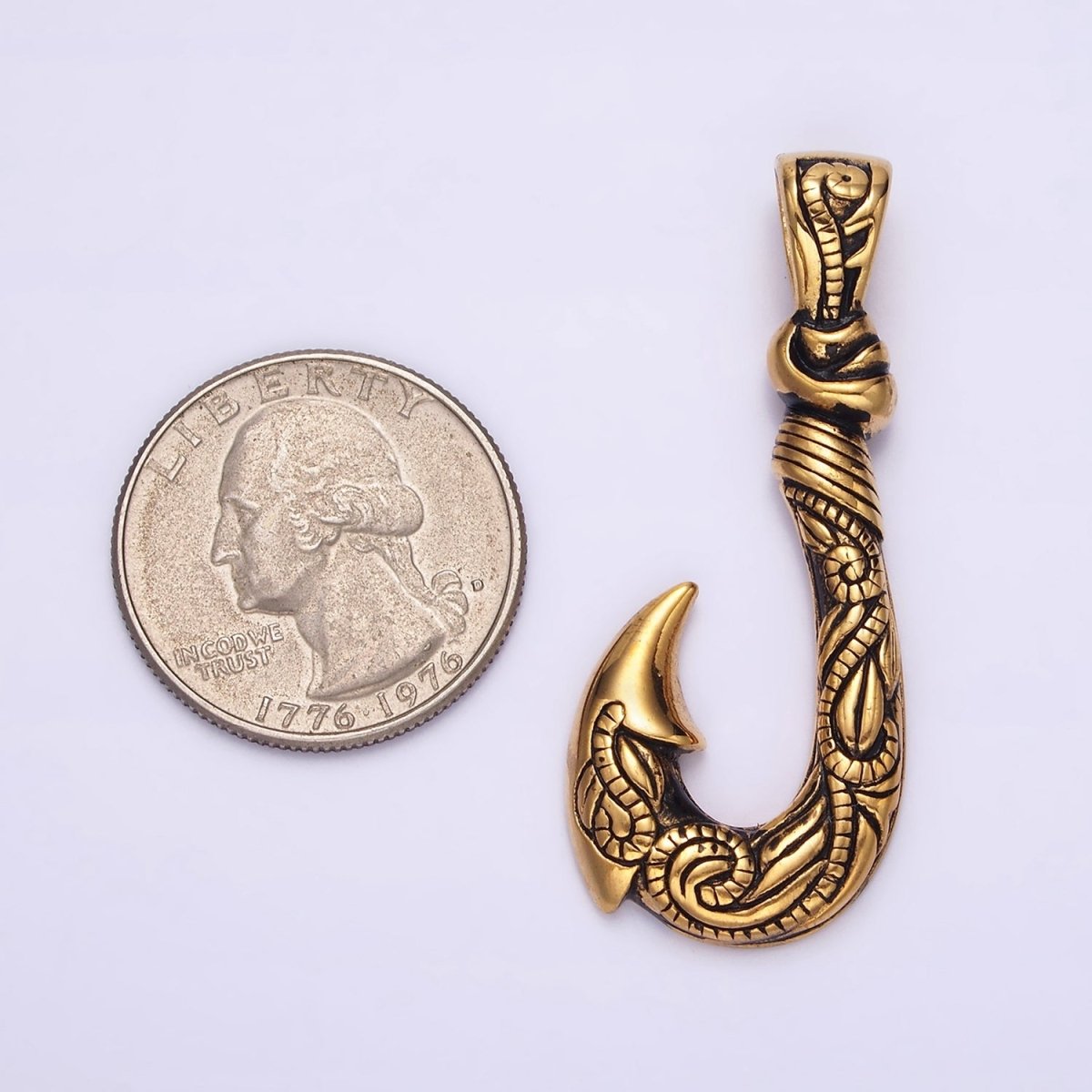 Stainless Steel 47mm Fish J-Hook Vine Engraved Pendant in Silver &amp; Gold | P-779
