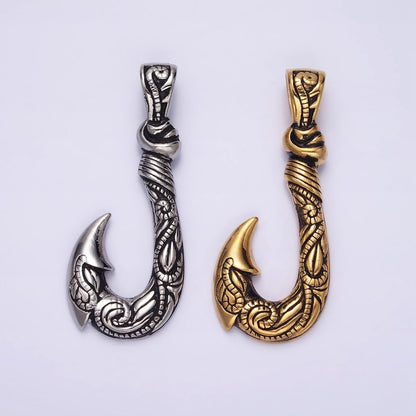 Stainless Steel 47mm Fish J-Hook Vine Engraved Pendant in Silver &amp; Gold | P-779