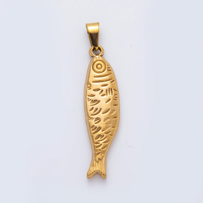 Stainless Steel 47mm Lined Sardine Fish Animal Pendant in Gold &amp; Silver | P00802