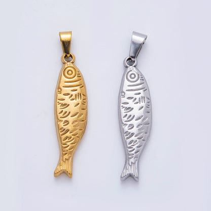Stainless Steel 47mm Lined Sardine Fish Animal Pendant in Gold &amp; Silver | P00802