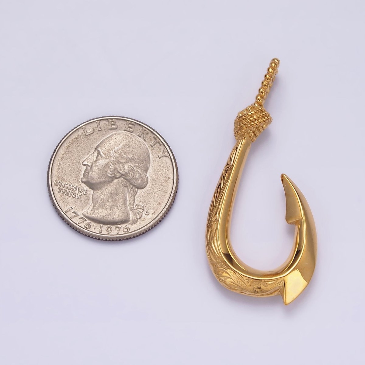 Stainless Steel 47mm Rope-Tied Double Sided Engraved Nautical Hook Pendant in Gold &amp; Silver | P-792
