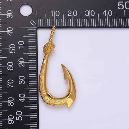 Stainless Steel 47mm Rope-Tied Double Sided Engraved Nautical Hook Pendant in Gold &amp; Silver | P-792