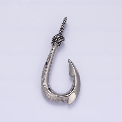 Stainless Steel 47mm Rope-Tied Double Sided Engraved Nautical Hook Pendant in Gold &amp; Silver | P-792
