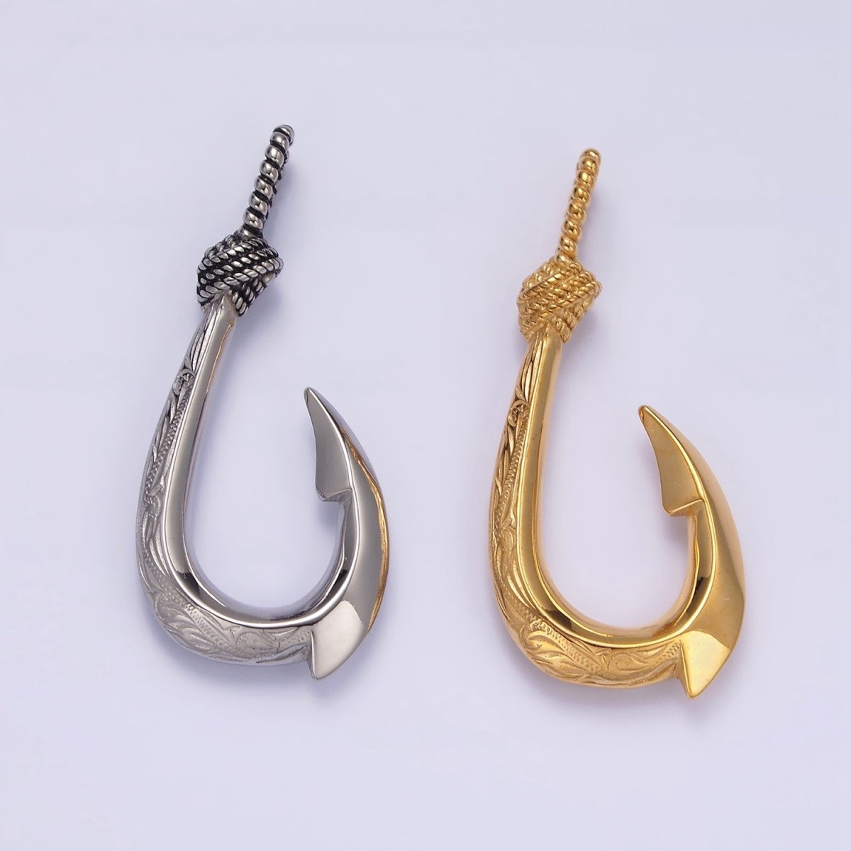 Stainless Steel 47mm Rope-Tied Double Sided Engraved Nautical Hook Pendant in Gold &amp; Silver | P-792