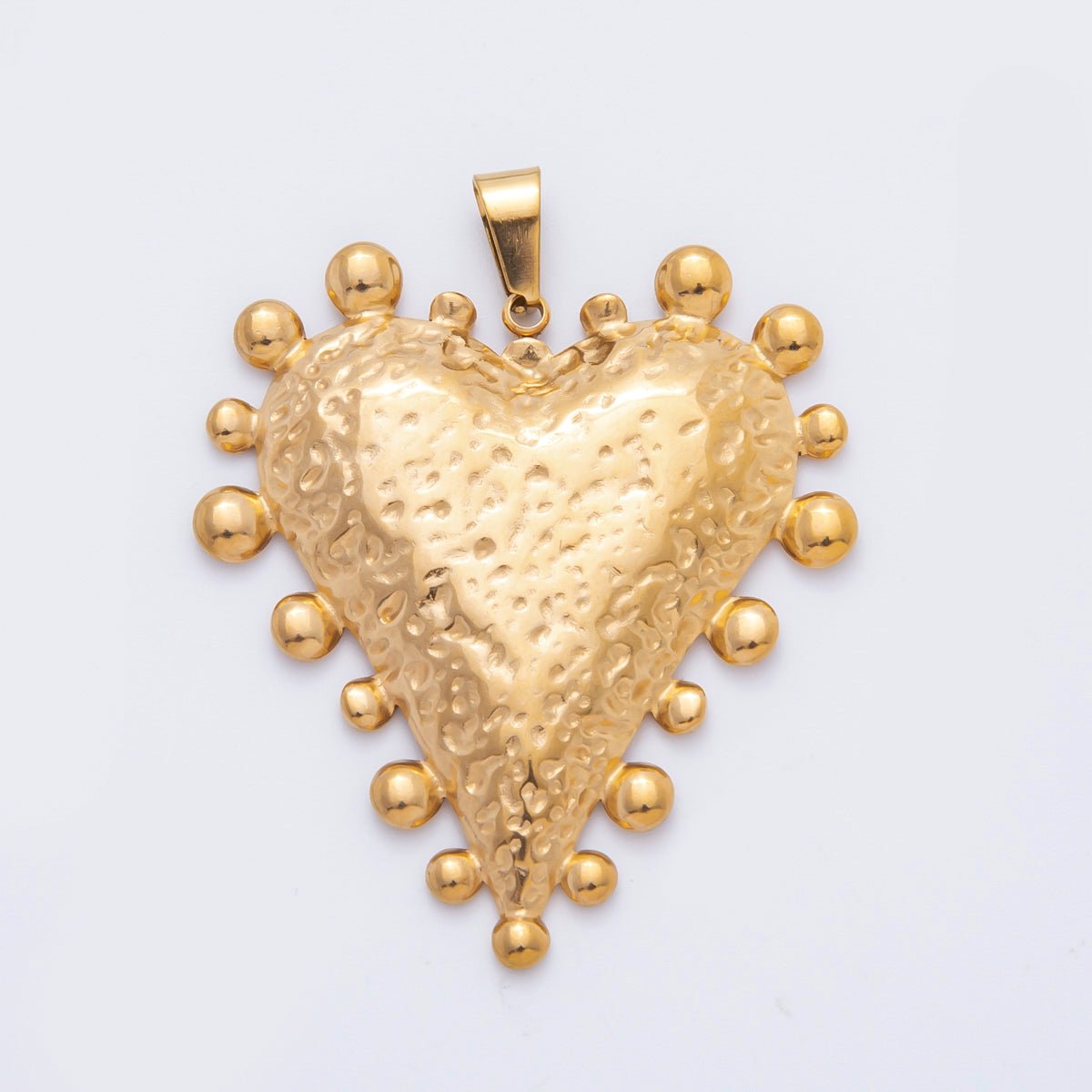 Stainless Steel 49mm Chunky Hammered Heart Beaded Pendant | P-794