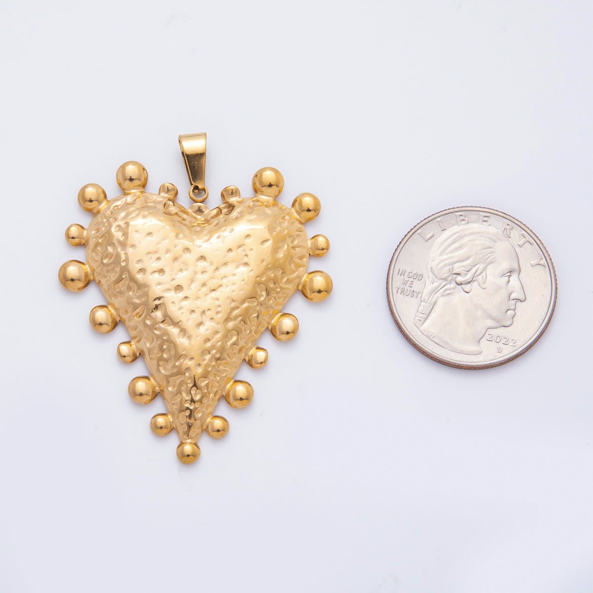 Stainless Steel 49mm Chunky Hammered Heart Beaded Pendant | P-794