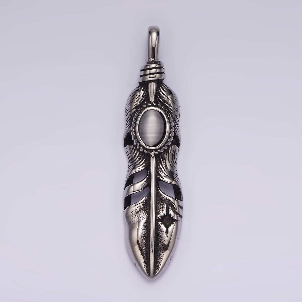 Stainless Steel 49mm Feather Charm Long Statement Boho Oxidized Pendant | P870