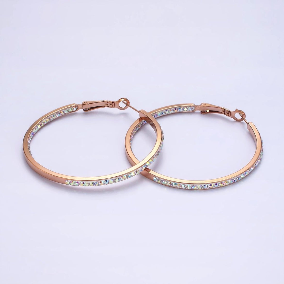 Stainless Steel 50mm, 40mm Iridescent CZ Lined Front-Facing Hinge Hoop Earrings | AE101