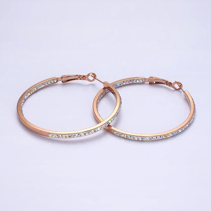 Stainless Steel 50mm, 40mm Iridescent CZ Lined Front-Facing Hinge Hoop Earrings | AE101