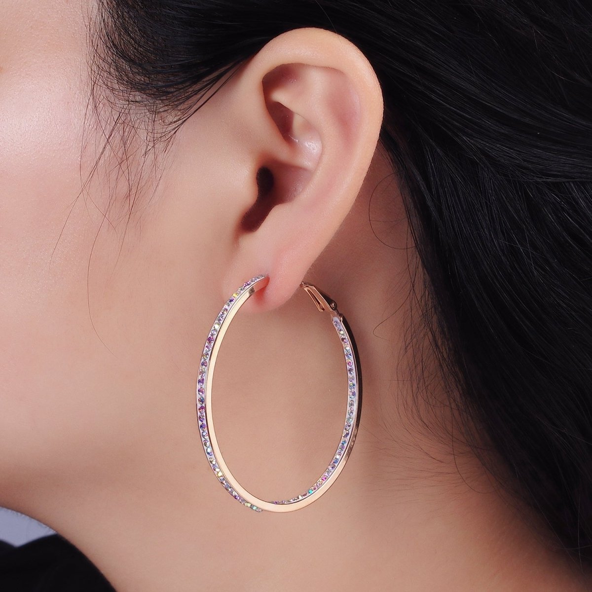 Stainless Steel 50mm, 40mm Iridescent CZ Lined Front-Facing Hinge Hoop Earrings | AE101