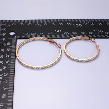 Stainless Steel 50mm, 40mm Iridescent CZ Lined Front-Facing Hinge Hoop Earrings | AE101