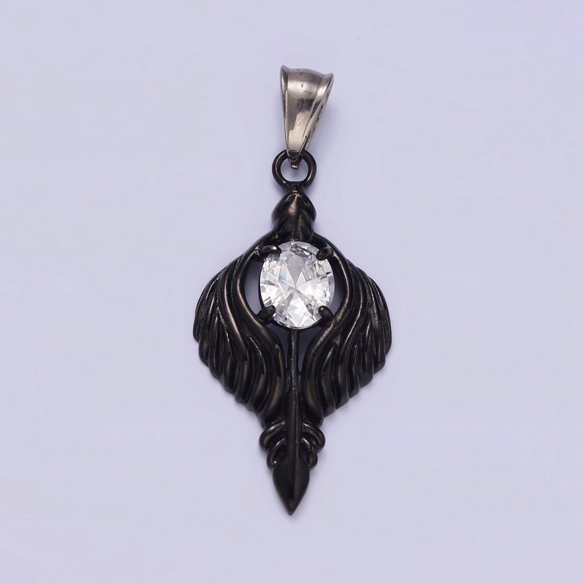 Stainless Steel 50mm Clear CZ Oval Line-Textured Wrapped Arrow Pendant in Silver &amp; Black | P-808