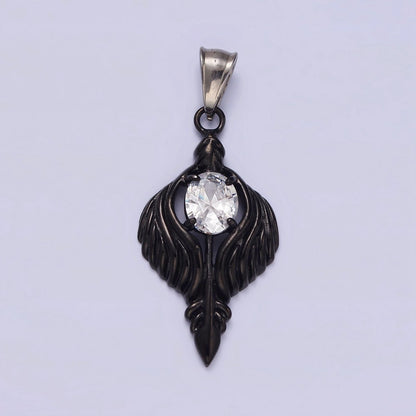 Stainless Steel 50mm Clear CZ Oval Line-Textured Wrapped Arrow Pendant in Silver &amp; Black | P-808