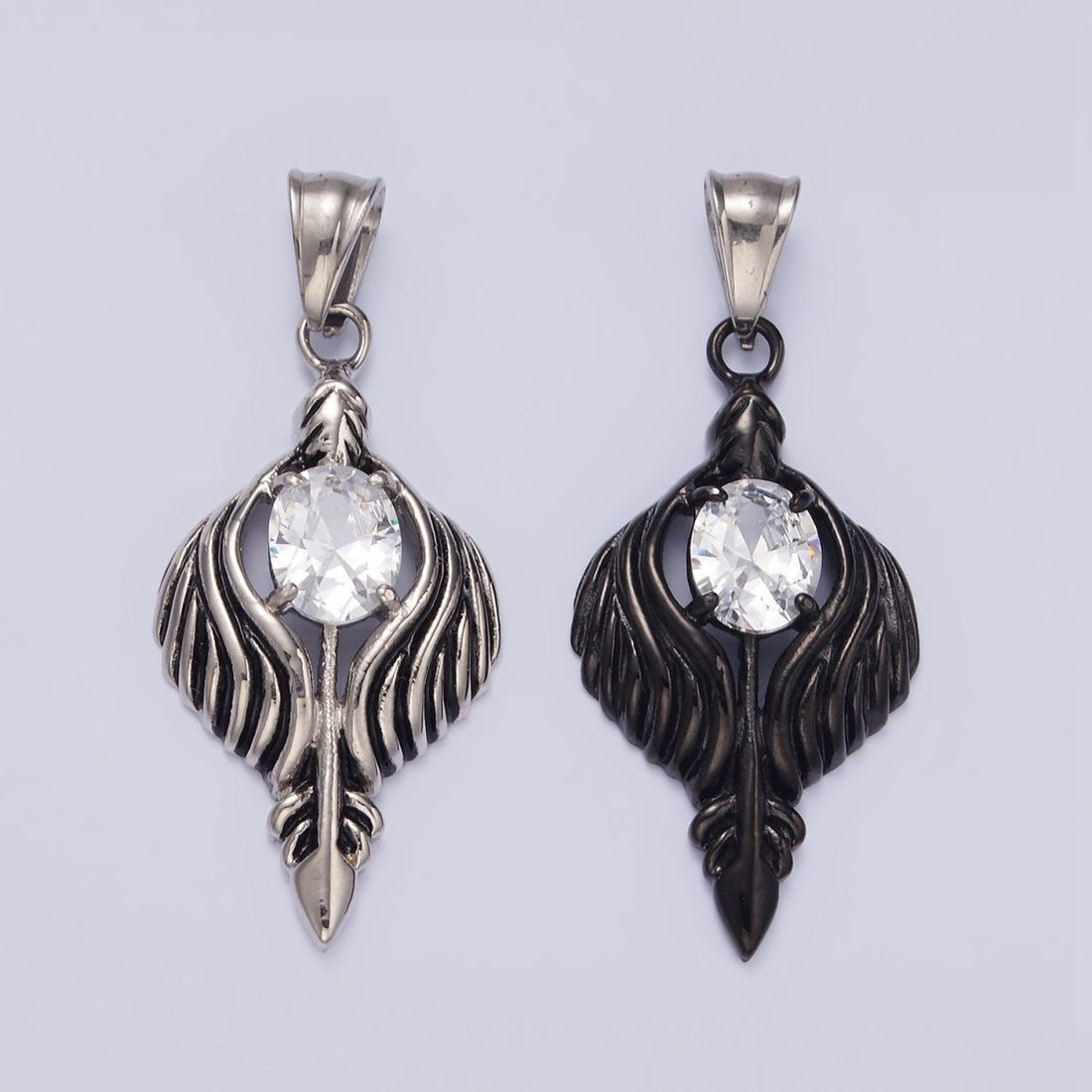 Stainless Steel 50mm Clear CZ Oval Line-Textured Wrapped Arrow Pendant in Silver &amp; Black | P-808