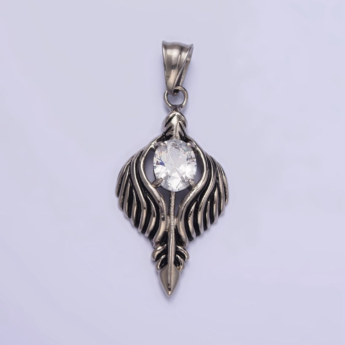 Stainless Steel 50mm Clear CZ Oval Line-Textured Wrapped Arrow Pendant in Silver &amp; Black | P-808