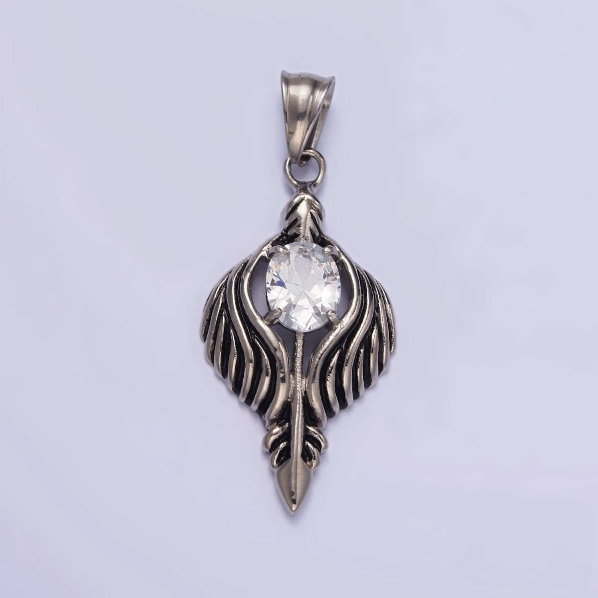 Stainless Steel 50mm Clear CZ Oval Line-Textured Wrapped Arrow Pendant in Silver &amp; Black | P-808