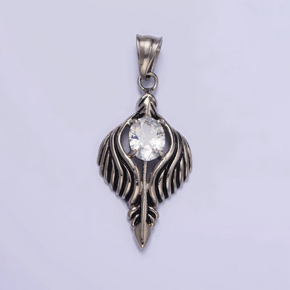 Stainless Steel 50mm Clear CZ Oval Line-Textured Wrapped Arrow Pendant in Silver &amp; Black | P-808