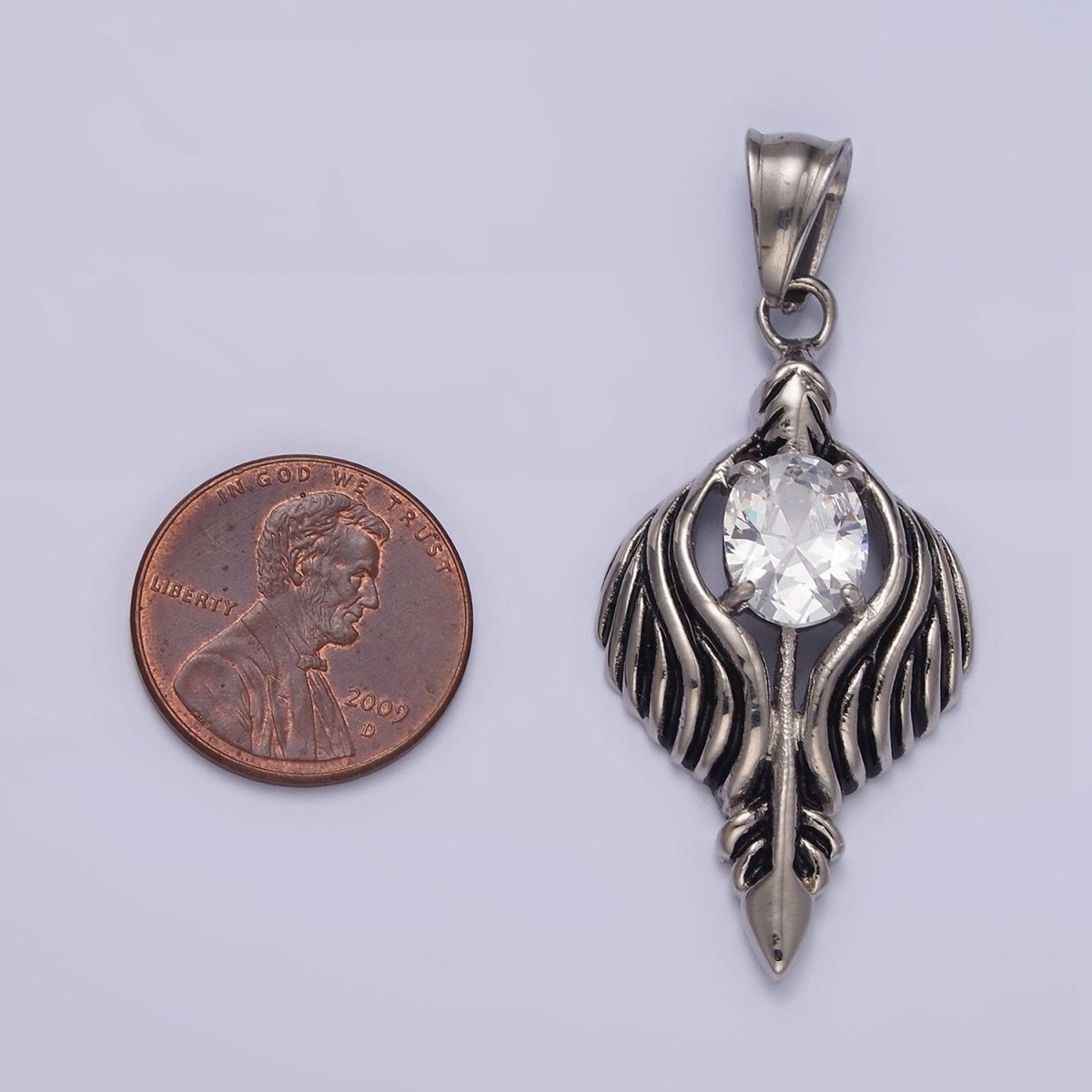 Stainless Steel 50mm Clear CZ Oval Line-Textured Wrapped Arrow Pendant in Silver &amp; Black | P-808