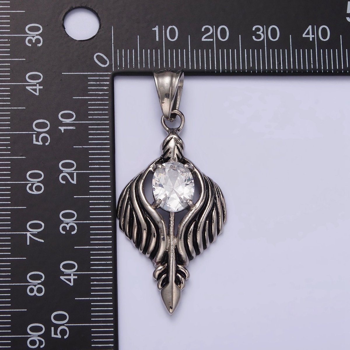 Stainless Steel 50mm Clear CZ Oval Line-Textured Wrapped Arrow Pendant in Silver &amp; Black | P-808