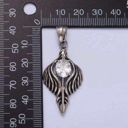 Stainless Steel 50mm Clear CZ Oval Line-Textured Wrapped Arrow Pendant in Silver &amp; Black | P-808