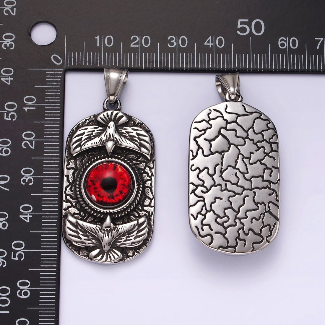 Stainless Steel 50mm Red Eye Double Bird Textured Oblong Pendant | P1062