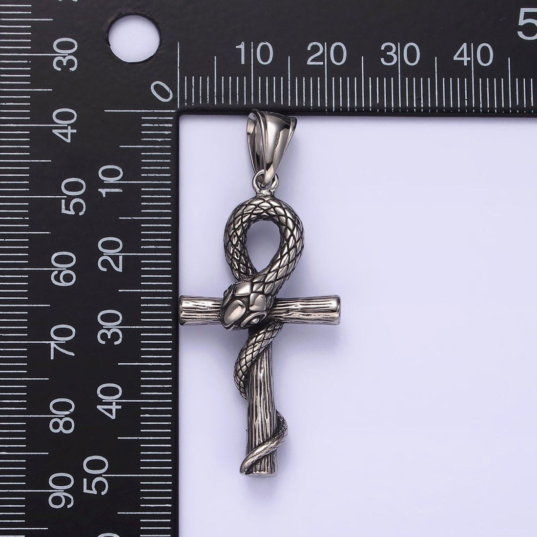 Stainless Steel 50mm Snake Wood-Textured Egyptian Ankh Cross Pendant | P-748