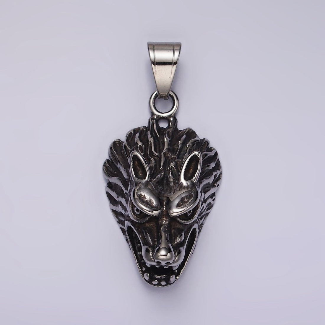 Stainless Steel 50mm Snarling Wolf Animal Head Oxidized Pendant | P1174