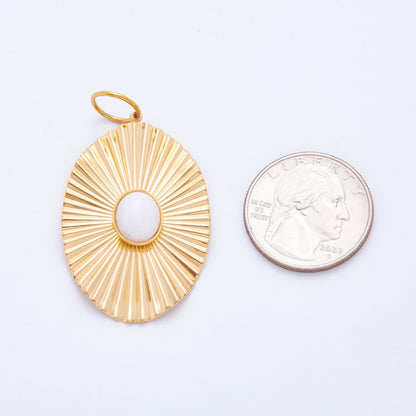 Stainless Steel 50mm White Jade Gemstone Cabochon Sunburst Oval Charm | J488