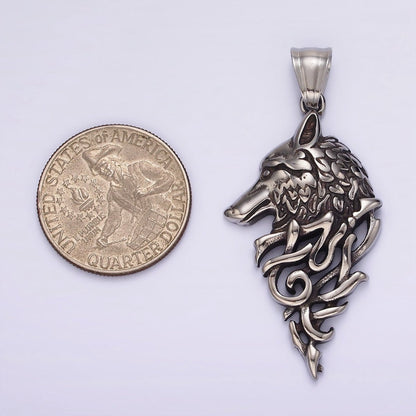Stainless Steel 50mm Wolf Animal Head Geometric Open Oxidized Pendant | P1185