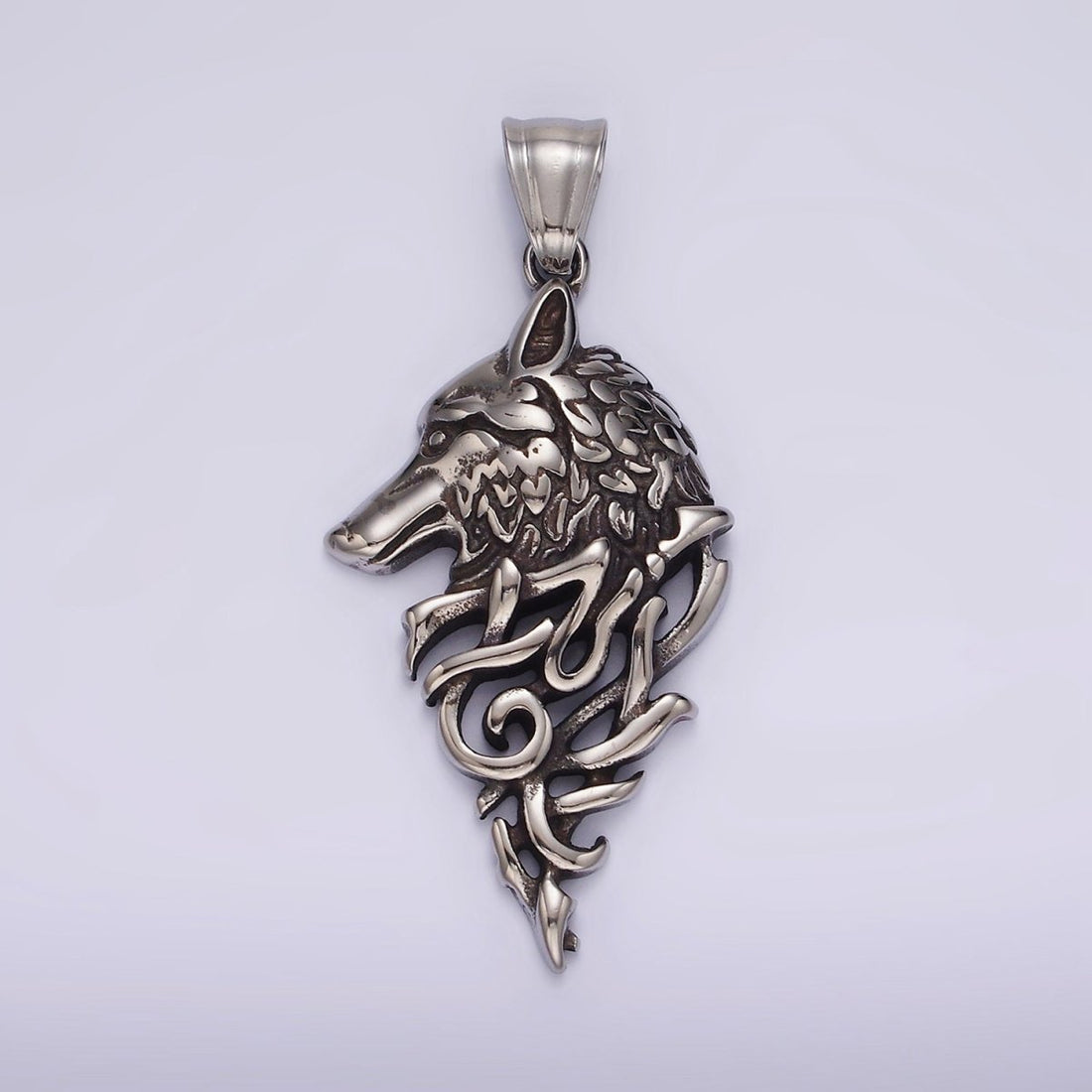 Stainless Steel 50mm Wolf Animal Head Geometric Open Oxidized Pendant | P1185