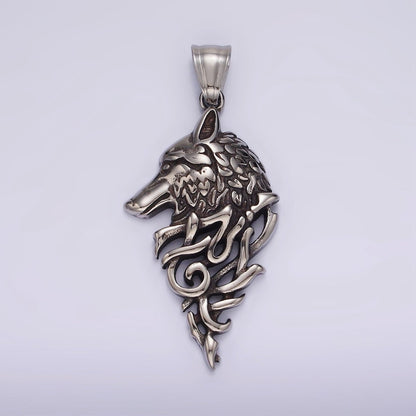 Stainless Steel 50mm Wolf Animal Head Geometric Open Oxidized Pendant | P1185