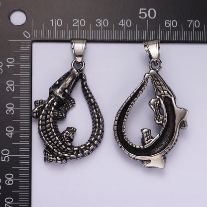 Stainless Steel 53mm Crocodile Alligator Animal Open Teardrop Oxidized Pendant | P1177