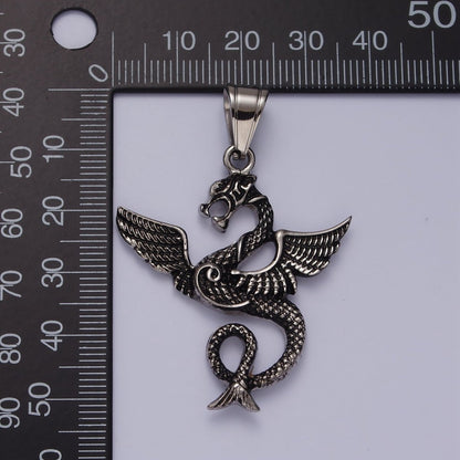 Stainless Steel 53mm Textured Sea Snake Dragon Wings Pendant | P-806