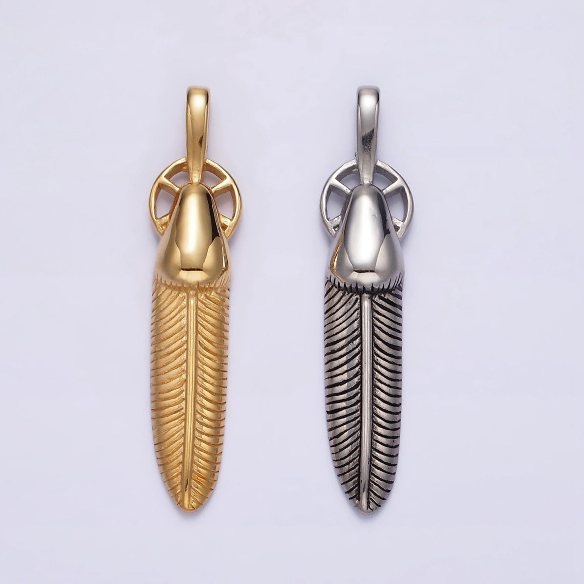 Stainless Steel 55.5mm Line-Textured Feather Open Round Pendant in Gold &amp; Silver | P-718