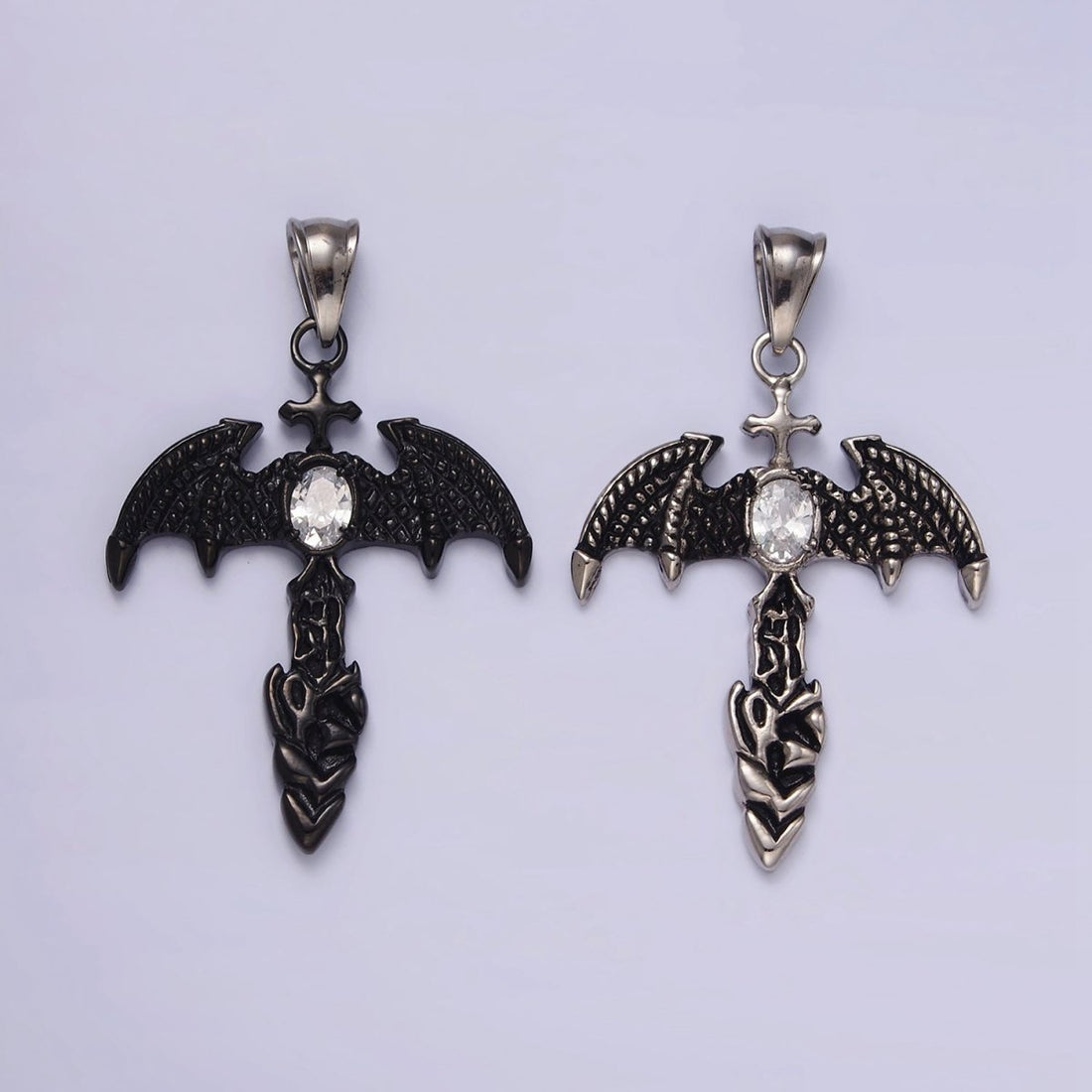Stainless Steel 55mm Clear Oval CZ Bat Wings Passion Cross Religious Pendant in Silver &amp; Black | P-815