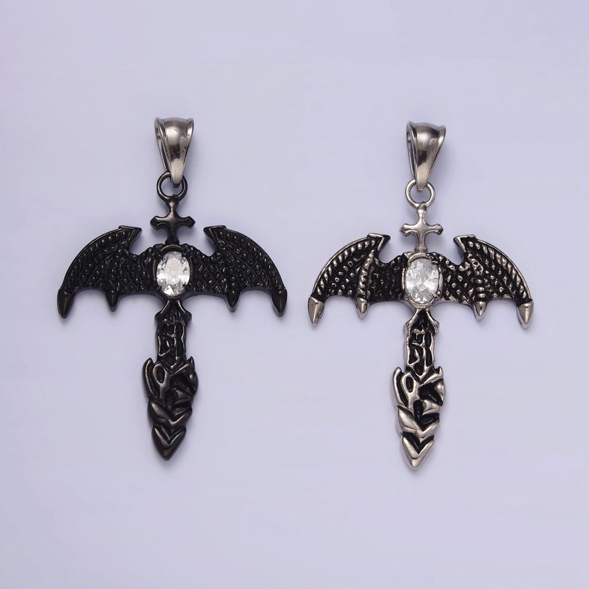 Stainless Steel 55mm Clear Oval CZ Bat Wings Passion Cross Religious Pendant in Silver &amp; Black | P-815