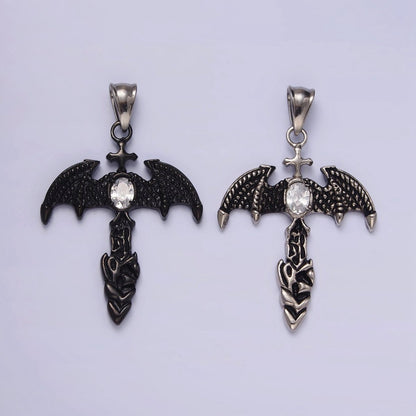Stainless Steel 55mm Clear Oval CZ Bat Wings Passion Cross Religious Pendant in Silver &amp; Black | P-815