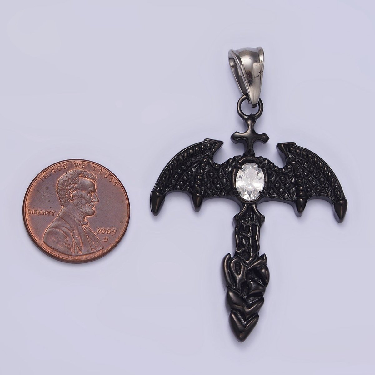 Stainless Steel 55mm Clear Oval CZ Bat Wings Passion Cross Religious Pendant in Silver &amp; Black | P-815