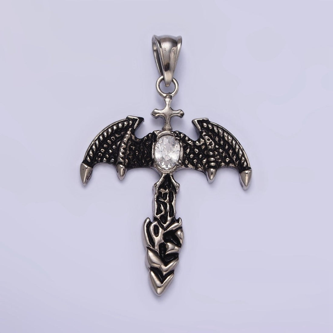 Stainless Steel 55mm Clear Oval CZ Bat Wings Passion Cross Religious Pendant in Silver &amp; Black | P-815