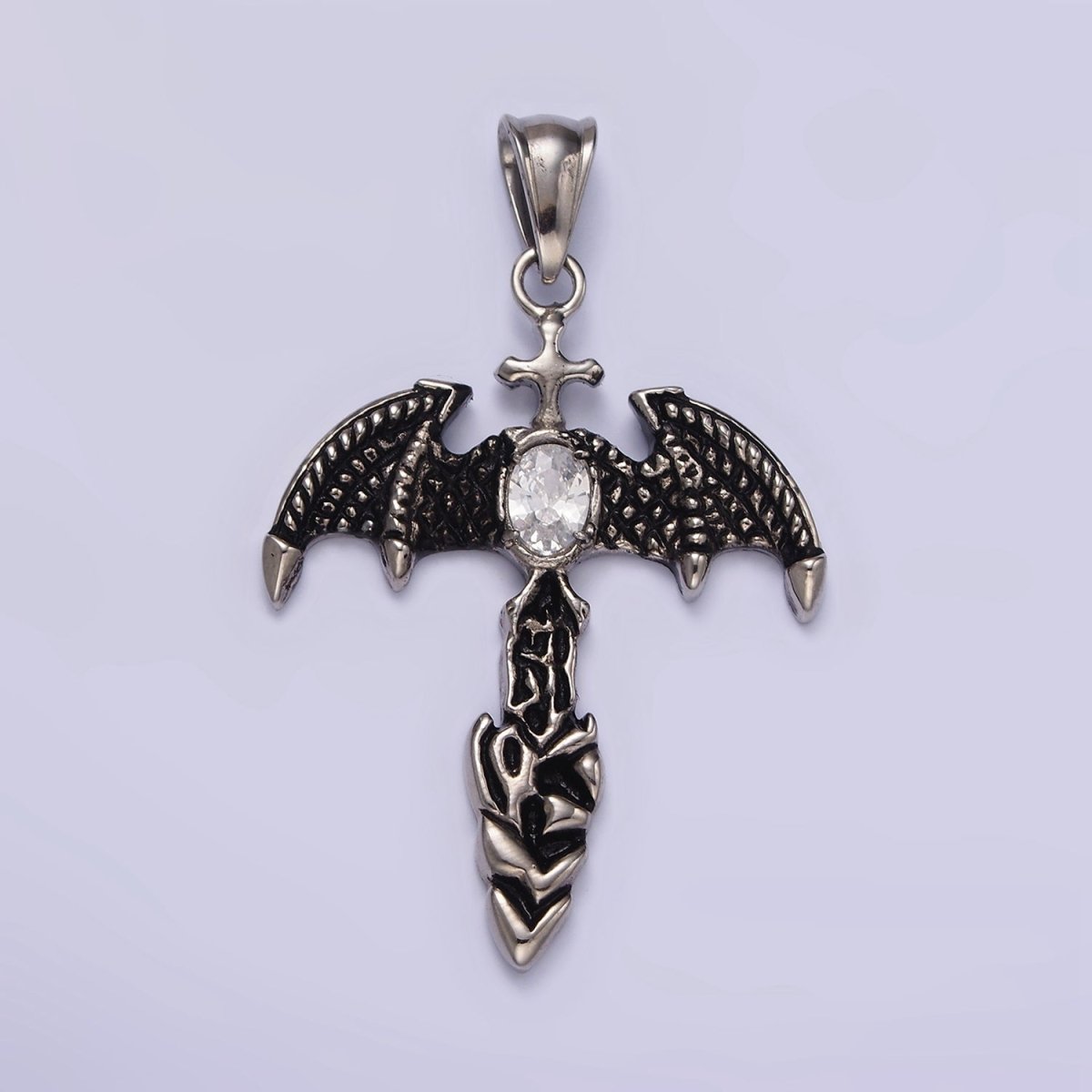 Stainless Steel 55mm Clear Oval CZ Bat Wings Passion Cross Religious Pendant in Silver &amp; Black | P-815