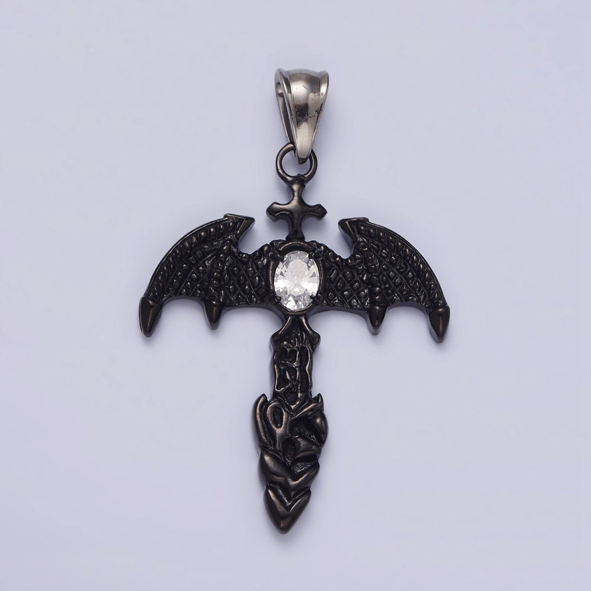 Stainless Steel 55mm Clear Oval CZ Bat Wings Passion Cross Religious Pendant in Silver &amp; Black | P-815