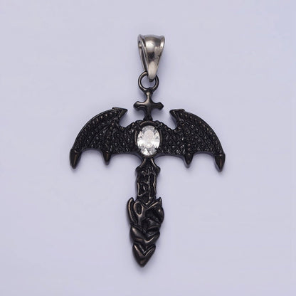 Stainless Steel 55mm Clear Oval CZ Bat Wings Passion Cross Religious Pendant in Silver &amp; Black | P-815