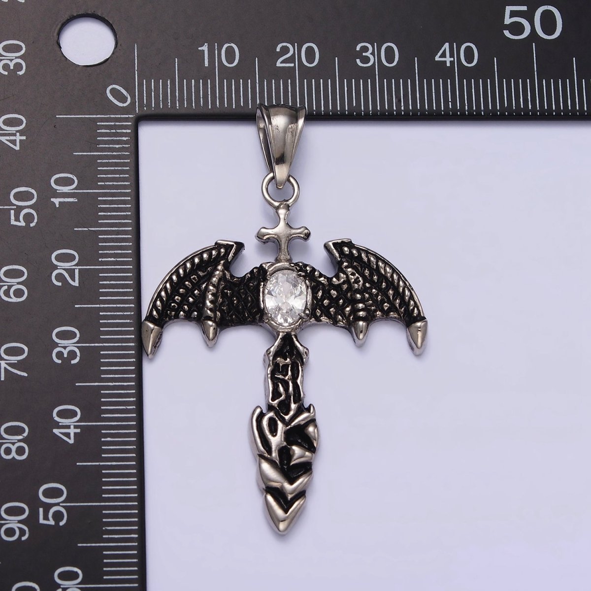 Stainless Steel 55mm Clear Oval CZ Bat Wings Passion Cross Religious Pendant in Silver &amp; Black | P-815