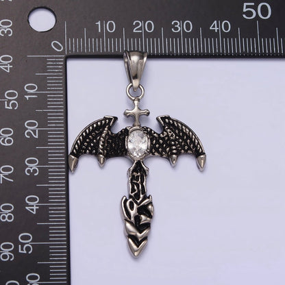 Stainless Steel 55mm Clear Oval CZ Bat Wings Passion Cross Religious Pendant in Silver &amp; Black | P-815