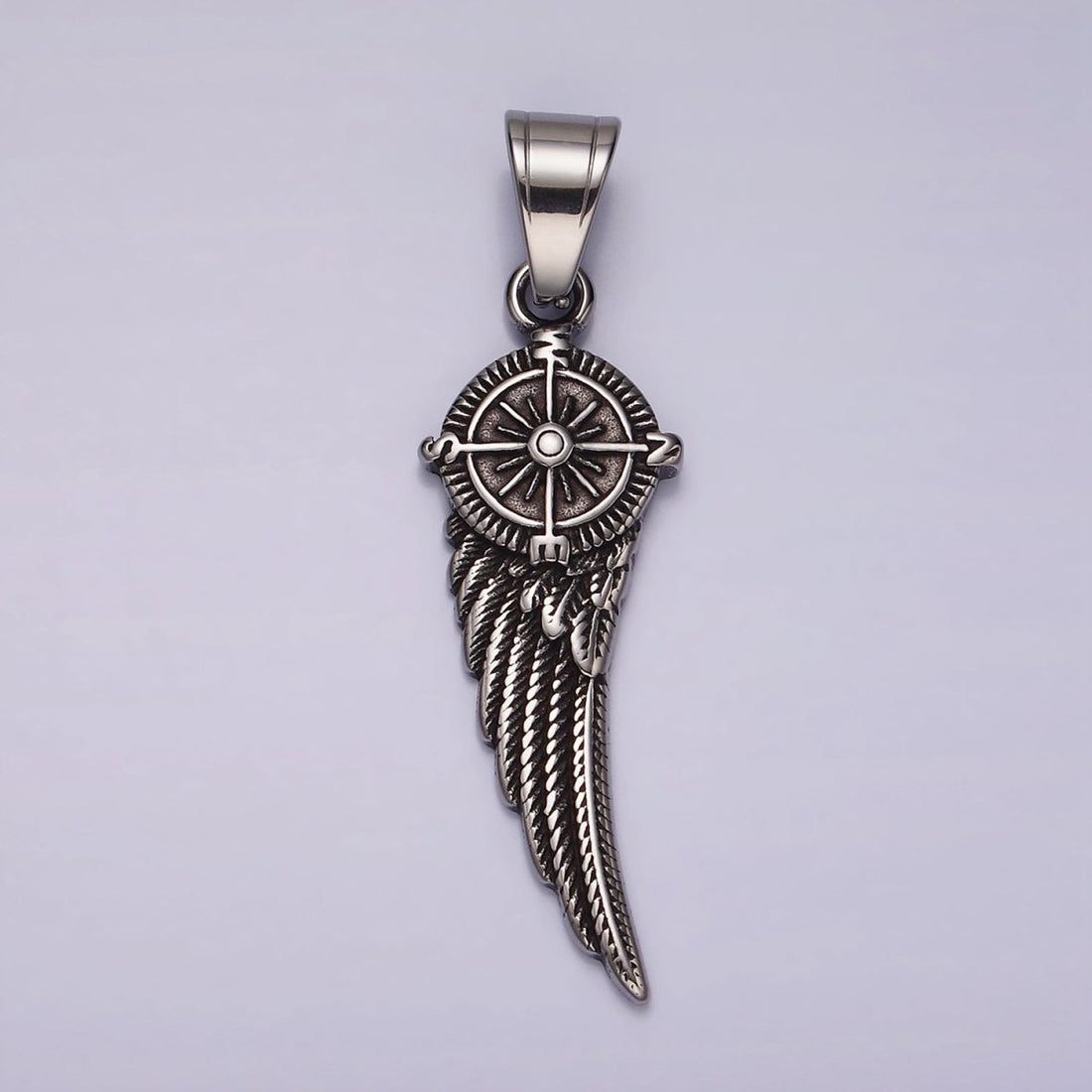 Stainless Steel 55mm Compass Angel Feather Wing Oxidized Pendant | P1180