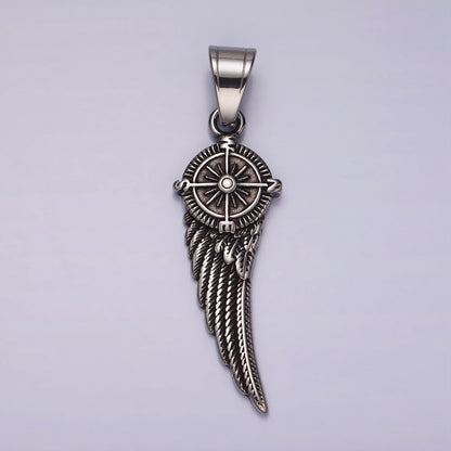 Stainless Steel 55mm Compass Angel Feather Wing Oxidized Pendant | P1180