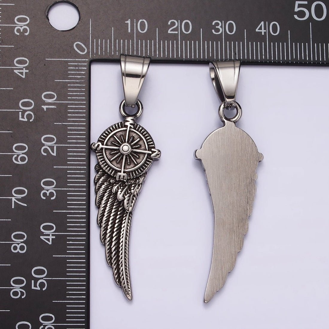 Stainless Steel 55mm Compass Angel Feather Wing Oxidized Pendant | P1180