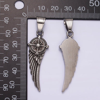 Stainless Steel 55mm Compass Angel Feather Wing Oxidized Pendant | P1180
