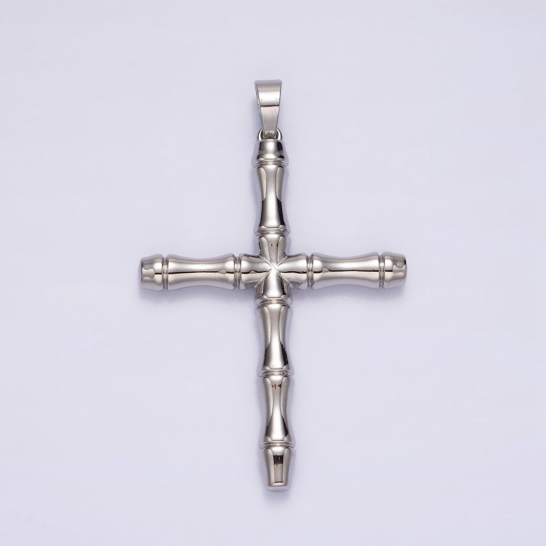 Stainless Steel 56mm Bamboo Cross Religious Silver Pendant | P-774