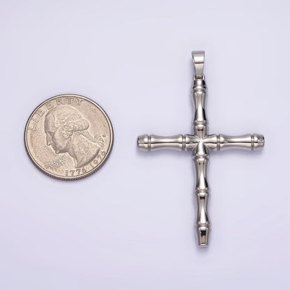 Stainless Steel 56mm Bamboo Cross Religious Silver Pendant | P-774